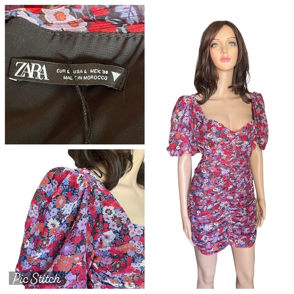 ZARA Metallic Sparkle Floral
Lined Shirred Ruched Mini Mod
Dress Size L